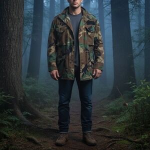 Vintage US Military Jacket Mens Medium Woodland Camo M65 Field Golden Mfg Airman